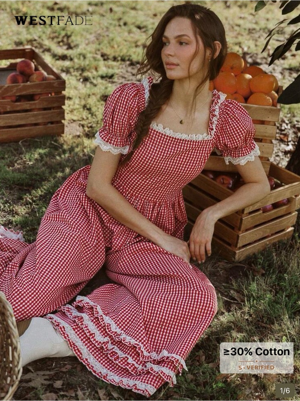 NWT Westfade Red Gingham Puff-Sleeve Jumpsuit with Lace Trim, Size Large